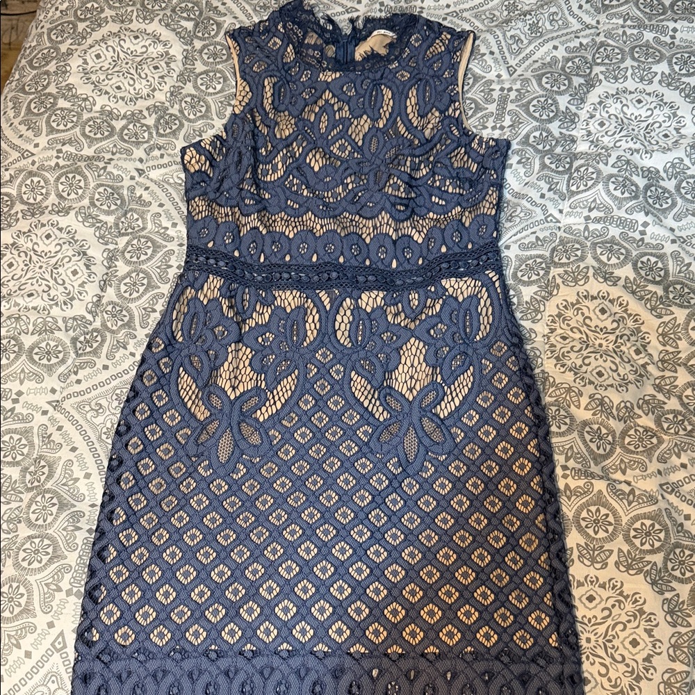 Blue Lace Midi Dress with Nude Lining size xs from franchescas